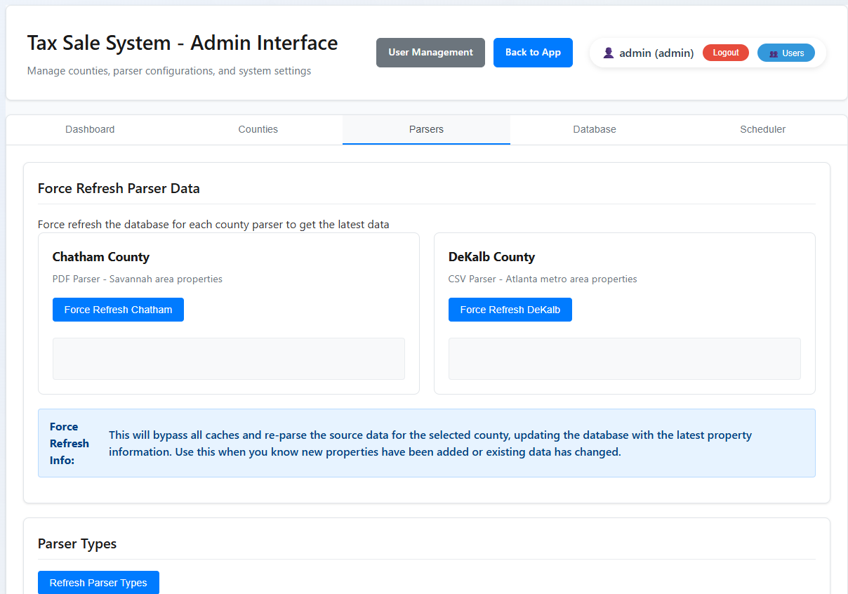 TaxSale Admin Interface - Parser management and data refresh